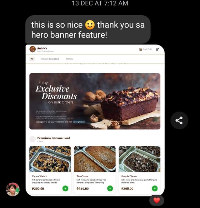 Client testimonial — praising the hero banner feature